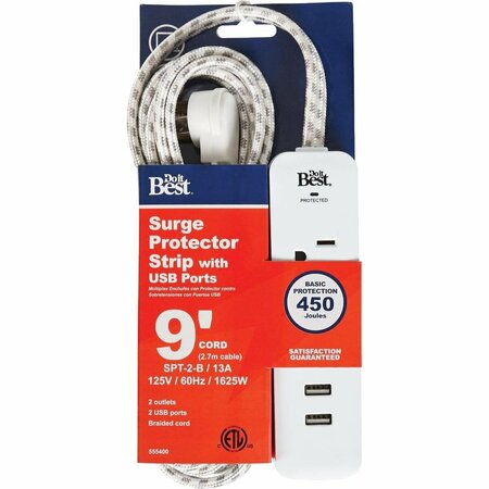 ALL-SOURCE 2-Outlet/2-USB 450J White Surge Protector with 9 Ft. Braided Cord LTS-02H/A10